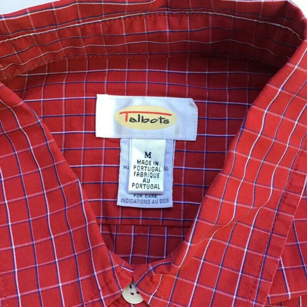 Talbots Button Down Shirt Womens Sz Medium Thin Line Plaid Red Blue 100% Cotton - Picture 4 of 8